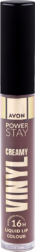 Avon Power Stay Creamy Ink 16H Liquid Lip Colour w przezroczystej tubce, brązowo-śliwkowy odcień, widok z przodu.