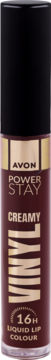 Avon Power Stay 16H Creamy Vinyl w odcieniu Stay Put Sangria, burgundowa szminka w smukłej butelce, czarna nakrętka.
