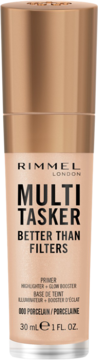 Primer Rimmel Multi Tasker Better Than Filters 000 Porcelain, beżowa butelka z pompką, widok z przodu.