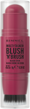 Rimmel Multi-Tasker Blush 'N' Brush Stick, głęboki róż z pędzelkiem, w sztyfcie, widok z przodu.