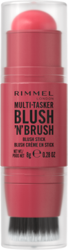 Różowy róż w sztyfcie Rimmel Multi-Tasker Blush 'N' Brush z przezroczystą nakładką i pędzlem.