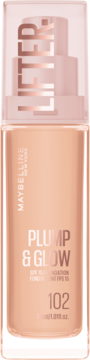 Maybelline New York Plump & Glow podkład SPF 15 w szklanej butelce z beżowym płynem, różowa pompka, widok z przodu.