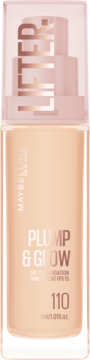 Maybelline Lifter Plump & Glow SPF 15 Foundation 110, light beige bottle with rose gold pump, front.