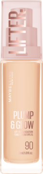 Maybelline Lifter Plump & Glow podkład z SPF 15, numer 90, w szklanej butelce z pompką, widok z przodu.