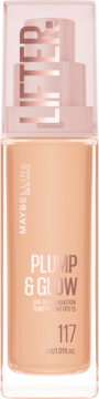 Maybelline Lifter Plump & Glow, podkład SPF 15, odcień 117, w beżowej butelce z różową pompką, widok z przodu.