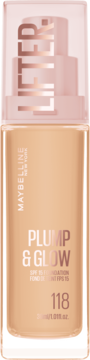 Maybelline Lifter Plump & Glow podkład 118, beżowy, w szklanej butelce z pompką i różową nakrętką, widok z przodu.