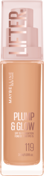 Maybelline Lifter Plump & Glow podkład, odcień 119, beżowy, SPF 15, w szklanej butelce z pompką, widok z przodu.