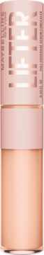 Maybelline Lifter korektor-serum beżowy, w dwukolorowym opakowaniu z różowo-złotym napisem, widok z przodu.
