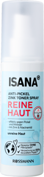 Isana Anti-Pickel Zink Toner Spray, biała butelka z niebieską etykietą, widok z przodu, na trądzik.