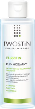 Biała butelka IWOSTIN Purritin Płyn Micelarny do cery tłustej, skłonnej do trądziku, widok z przodu.