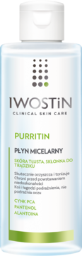 Biała butelka IWOSTIN Purritin Płyn Micelarny do cery tłustej, skłonnej do trądziku, widok z przodu.