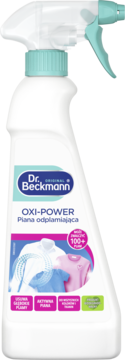 Biała butelka Dr. Beckmann OXI-POWER Piana odplamiająca z turkusowym atomizerem, na etykiecie czyste ubrania, widok z przodu.