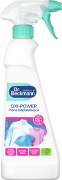Dr. Beckmann Oxi-Power Piana odplamiająca, biała butelka ze spryskiwaczem w kolorze miętowym, widok z przodu. Etykieta Oxi-Power do usuwania plam z bieli i kolorów.