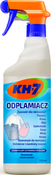 Biały płyn do usuwania plam KH-7 Odplamiacz w butelce z pomarańczowo-niebieskim atomizerem, widok z przodu.