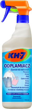 KH-7 Odplamiacz w sprayu, biała butelka z niebieską etykietą, 750ml. Usuwa plamy z tkanin, widok z przodu.