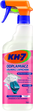 Biała butelka spray KH-7 ODPŁAMIACZ USUWACH ZAPACHÓW, różowa etykieta, pomarańczowy spryskiwacz, widok z przodu.