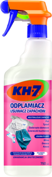 KH-7 Odplamiacz Usuwacz Zapachów 750ml, biała butelka z różową etykietą, pomarańczowo-niebieski aplikator, widok z przodu.