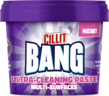 Fioletowe wiaderko Cillit Bang Ultra-Cleaning Paste Multi-Surfaces, uniwersalna pasta czyszcząca, widok z przodu.