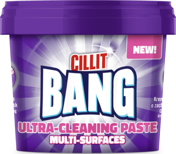 Fioletowe wiaderko Cillit Bang Ultra-Cleaning Paste Multi-Surfaces, uniwersalna pasta czyszcząca, widok z przodu.