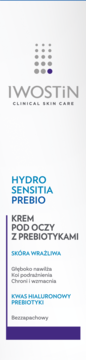 Krem pod oczy Iwostin Hydro Sensitia Prebio, białe opakowanie z prebiotykami, widok z przodu.