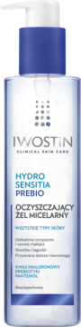 Iwostin Hydro Sensitia Prebio oczyszczający żel micelarny w przezroczystej butelce z niebieską pompką, widok z przodu.