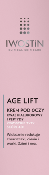 Różowe opakowanie kremu Iwostin Age Lift 40+ pod oczy, z kwasem hialuronowym i peptydami, widok z przodu.