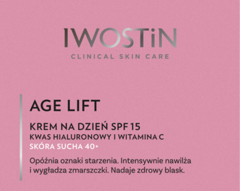 Plansza informacyjna Iwostin Age Lift Krem na dzień SPF 15, kwas hialuronowy, witamina C, różowe tło.