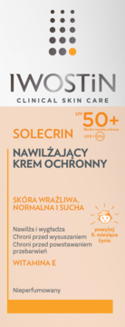 Iwostin Solecrin Nawilżający krem ochronny SPF 50+, do skóry wrażliwej, z wit. E, widok z przodu.