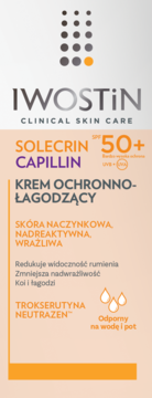 Iwostin Solecrin Capillin Krem SPF 50+ do cery naczynkowej, pionowe opakowanie, widok z przodu.