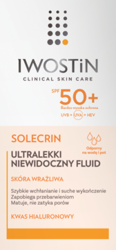 Iwostin Solecrin Fluid SPF 50+ do skóry wrażliwej z kwasem hialuronowym, widok z przodu opakowania.