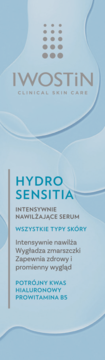 Pionowy baner Iwostin Hydro Sensitia Intensywnie Nawilżające Serum z potrójnym kwasem hialuronowym, na błękitnym tle.