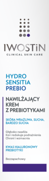 Iwostin Hydro Sensitia Prebio krem nawilżający z prebiotykami do skóry wrażliwej, w białej tubce.