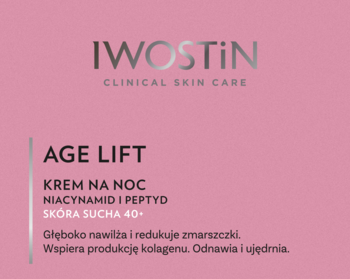 Różowe opakowanie Iwostin Age Lift Krem na noc, Niacynamid i Peptyd, dla skóry suchej 40+, widok z przodu.