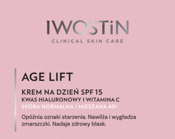 Iwostin Age Lift krem na dzień SPF 15 z kwasem hialuronowym do cery normalnej, różowe tło z białym tekstem.