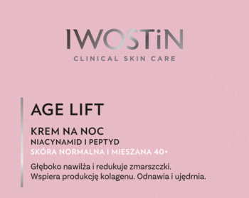 Krem na noc Iwostin Age Lift. Różowa etykieta z napisem: Niacynamid i Peptyd. Skóra Normalna i Mieszana 40+.