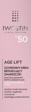 Iwostin Age Lift SPF 50, różowy krem redukujący zmarszczki, przednia strona opakowania z napisami.