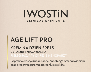 Iwostin Age Lift Pro, krem na dzień SPF 15 z ceramidem i niacynamidem, beżowa etykieta z złotym detalem, widok z przodu.