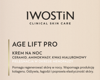 Iwostin Age Lift Pro Krem na Noc w beżowym opakowaniu. Napisy o pielęgnacji w menopauzie. Widok z przodu.