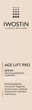 Iwostin Age Lift Pro serum z kwasem hialuronowym i ceramidami, beżowe opakowanie, widok z przodu.