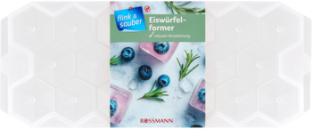 Opakowanie foremek do kostek lodu Rossmann, zielono-szara góra, borówki, różowe kostki lodu. Można myć w zmywarce.