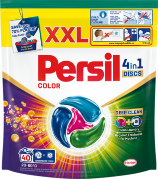 Zielona torba Persil XXL Discs Color, 40 prań, z kolorowymi kapsułkami i napisem "4in1", widok z przodu.