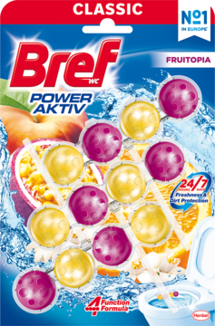 Bref Power Aktiv Fruitopia Classic, niebieskie opakowanie czyścika do toalet, kulki i owoce, widok z przodu.