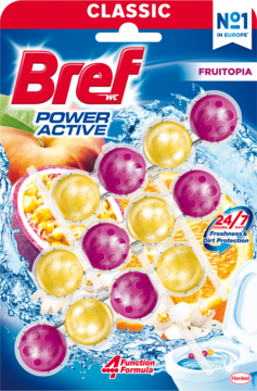 Opakowanie zawieszki WC Bref Classic Power Active Fruitopia z żółto-fioletowymi kulkami, widok z przodu.