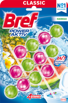 Bref Power Aktiv Hawaii, niebieskie opakowanie z różowo-zielonymi kulkami czyszczącymi, ananasem i arbuzem, widok z przodu.