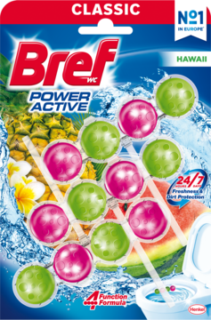 Bref Power Active Hawaii, zawieszki do WC. Opakowanie z zielono-różowymi kulkami, ananasem i arbuzem.