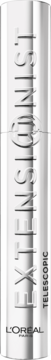 Srebrna tuba tuszu L'Oréal Paris Extentionist Telescopic z pionowymi nazwami produktu. Widok z przodu.