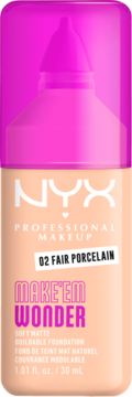 NYX Make 'Em Wonder Soft Matte foundation, shade 02 Fair Porcelain, peach bottle with bright pink top, frontal view.