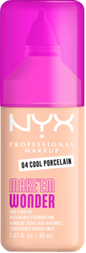 NYX Make 'Em Wonder, matujący podkład 04 Cool Porcelain w butelce z różową nakrętką, widok z przodu.