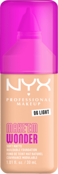 Matujący podkład NYX Make 'Em Wonder Light w beżowej butelce z jaskrawą, stożkową, różową nakrętką, widok z przodu.