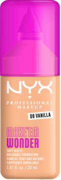 NYX Make 'Em Wonder podkład matujący, odcień 08 Vanilla, w beżowej butelce z różową nakrętką, widok z przodu.